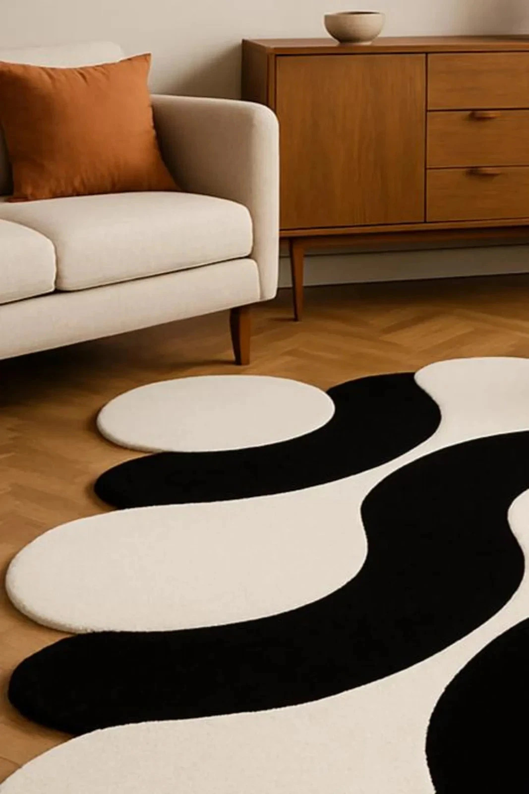 Modern Abstract Black and White Wavy Rug Irregular Contemporary Carpet