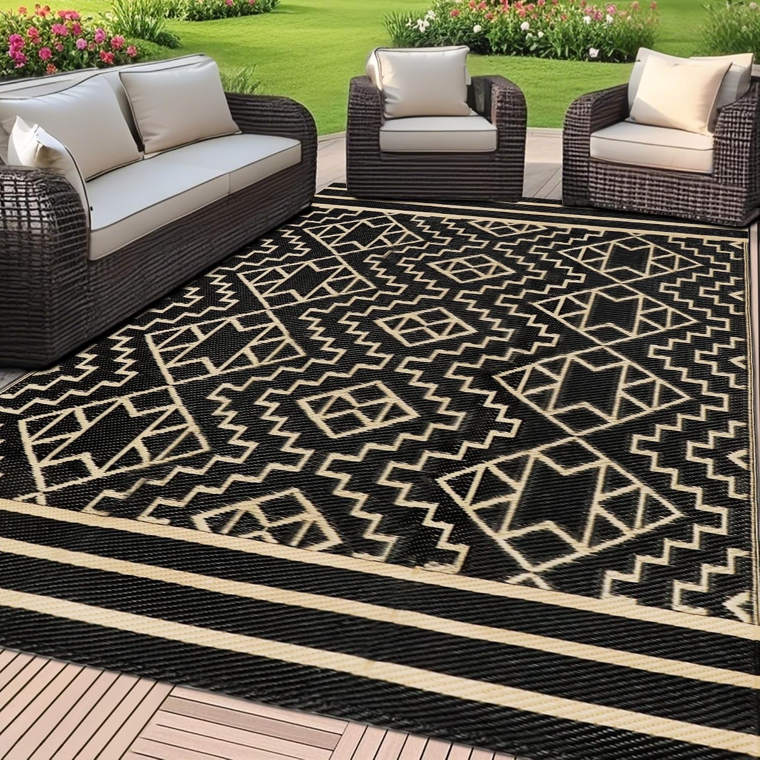 Reversible Plastic Rug 5×8 Outdoor Patio RV Beach Deck Black Beige