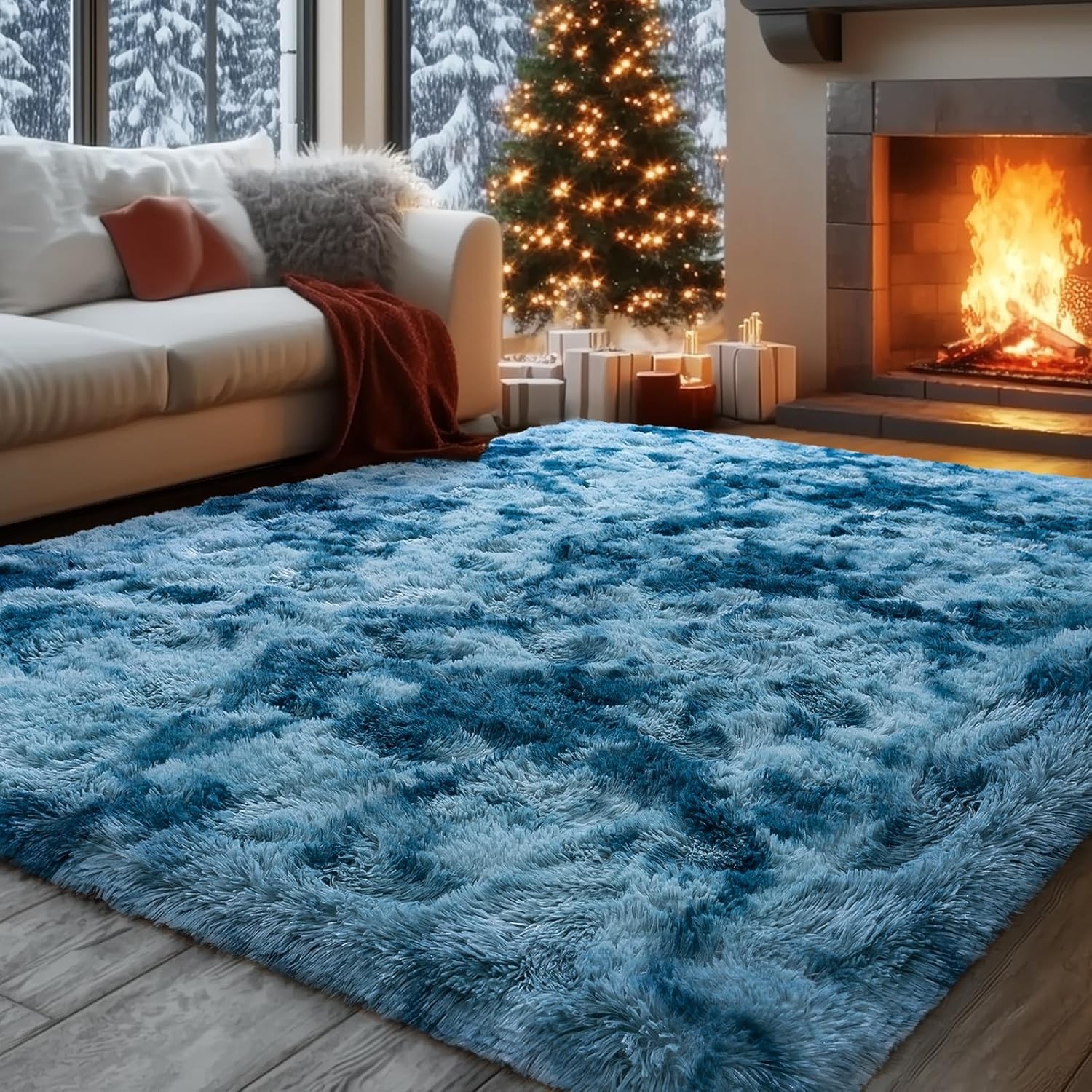 Fluffy Area Rug 8×10 Large Shaggy Soft Tie Dye Blue Mat for Living Bedroom Floor