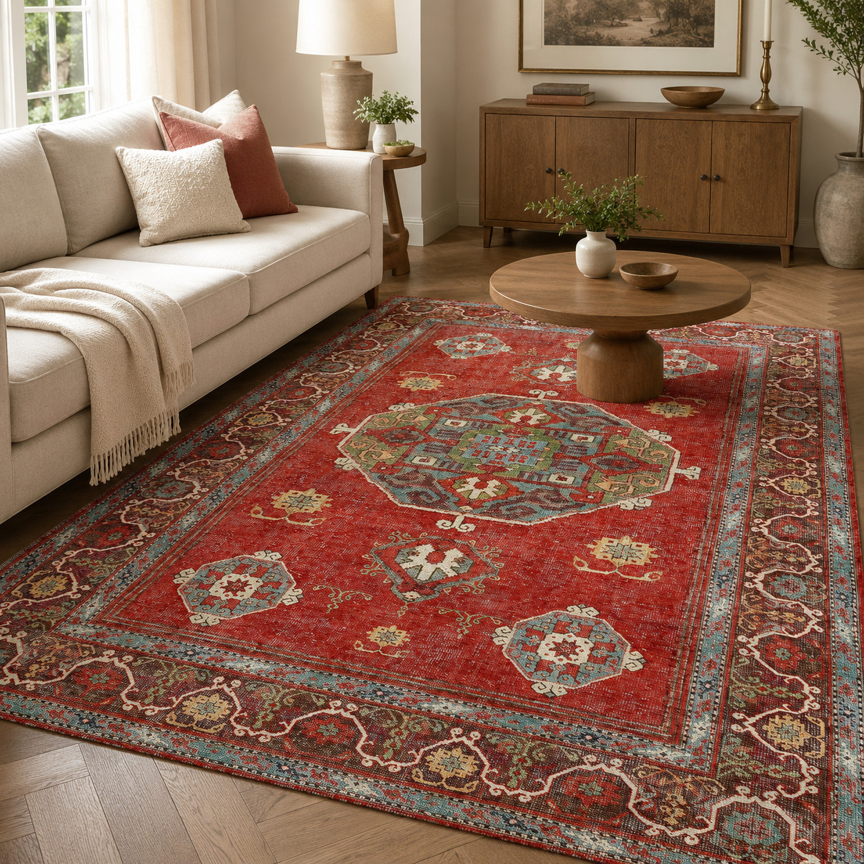 Red Vintage Style Area Rug and Runner Washable Carpet with 15 Size Options