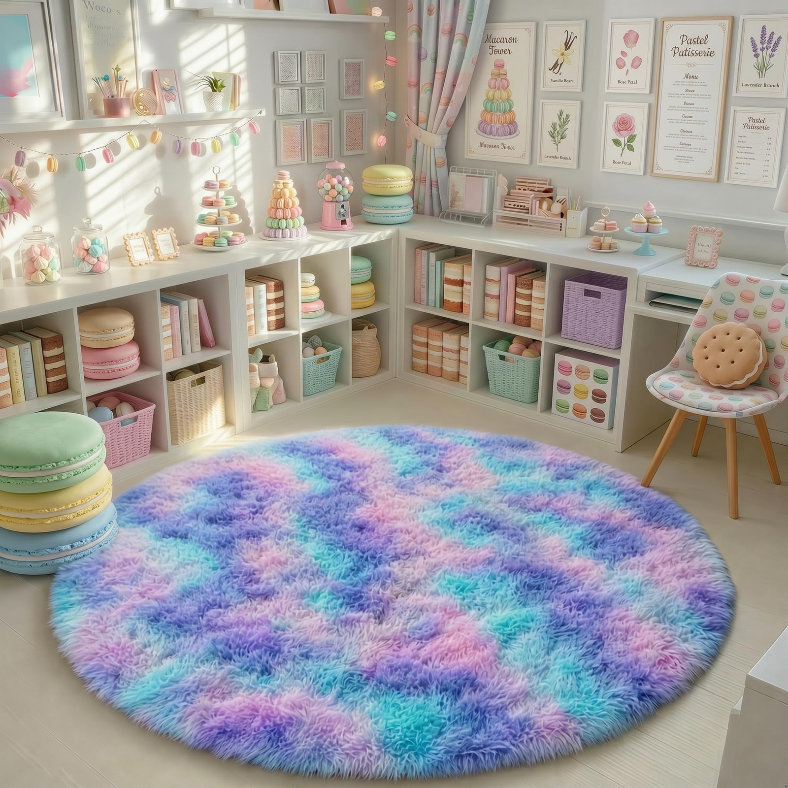 PAGISOFE Rainbow Purple Rugs for Girls Bedroom, Shaggy Big Round Rugs for Kid…