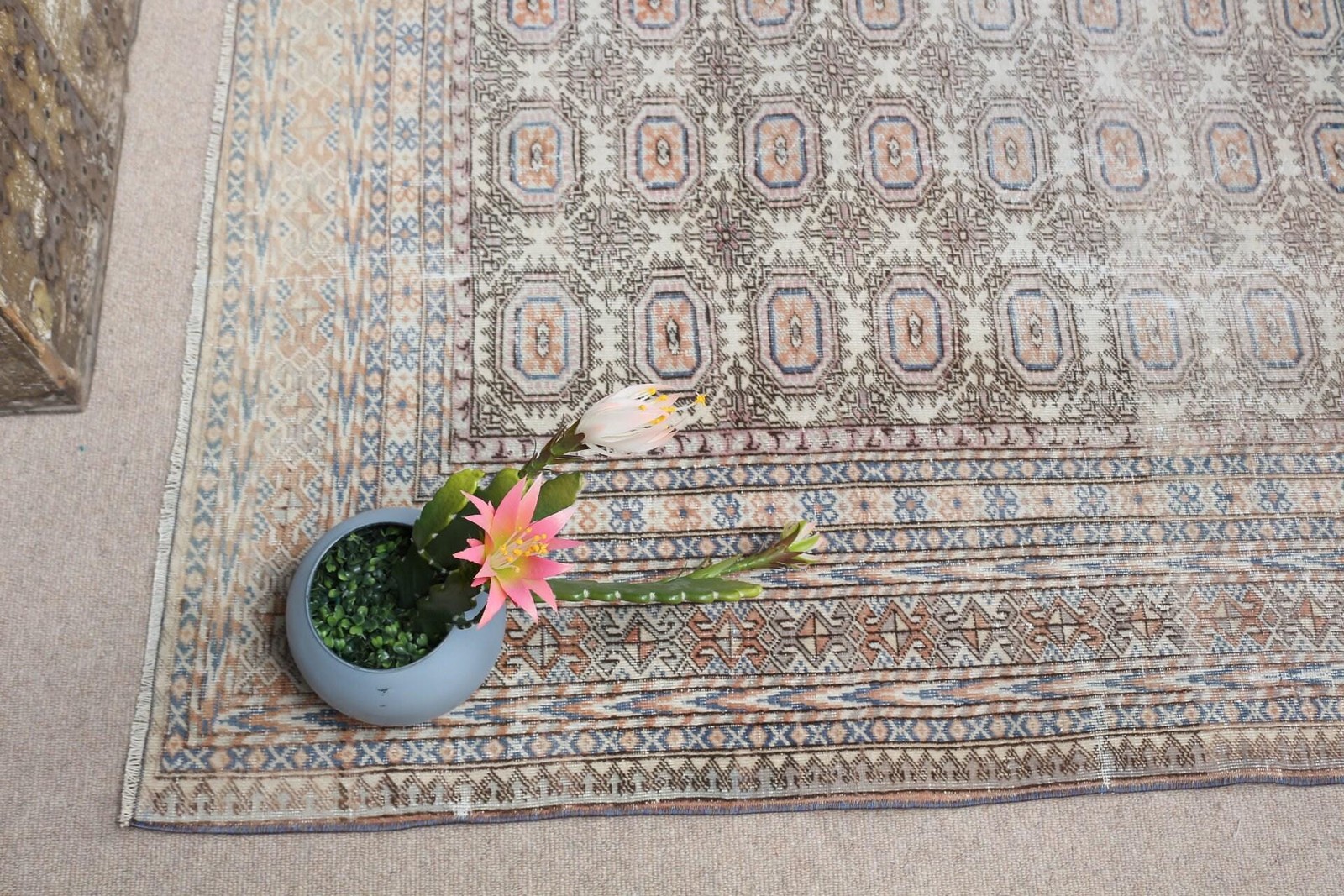 Turkish Vintage Rug, 6,3×9,3 ft Rug, Blue Brown Polka dot Rug