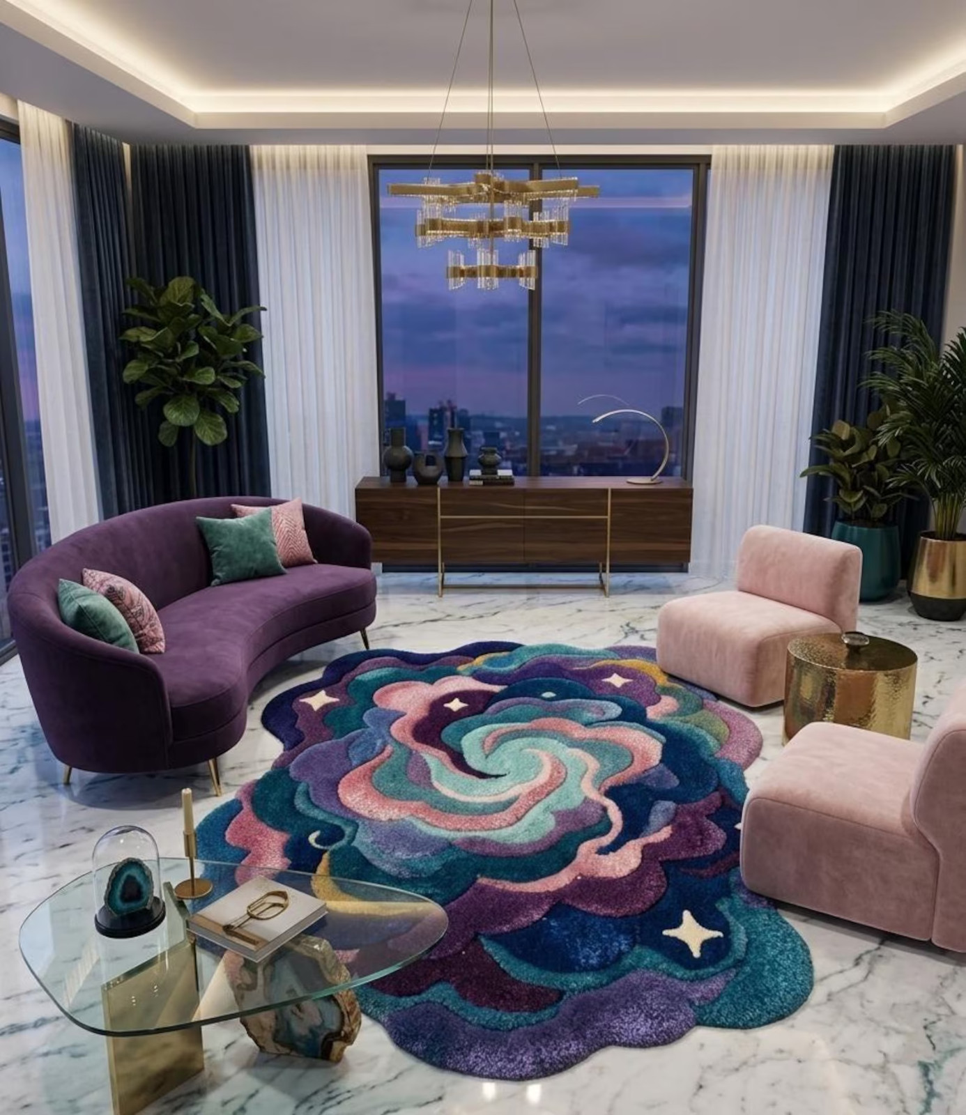 Artistic Vision: Midnight Nebula Sculptural Rug –Hand-Tufted Purple, Teal & Pink