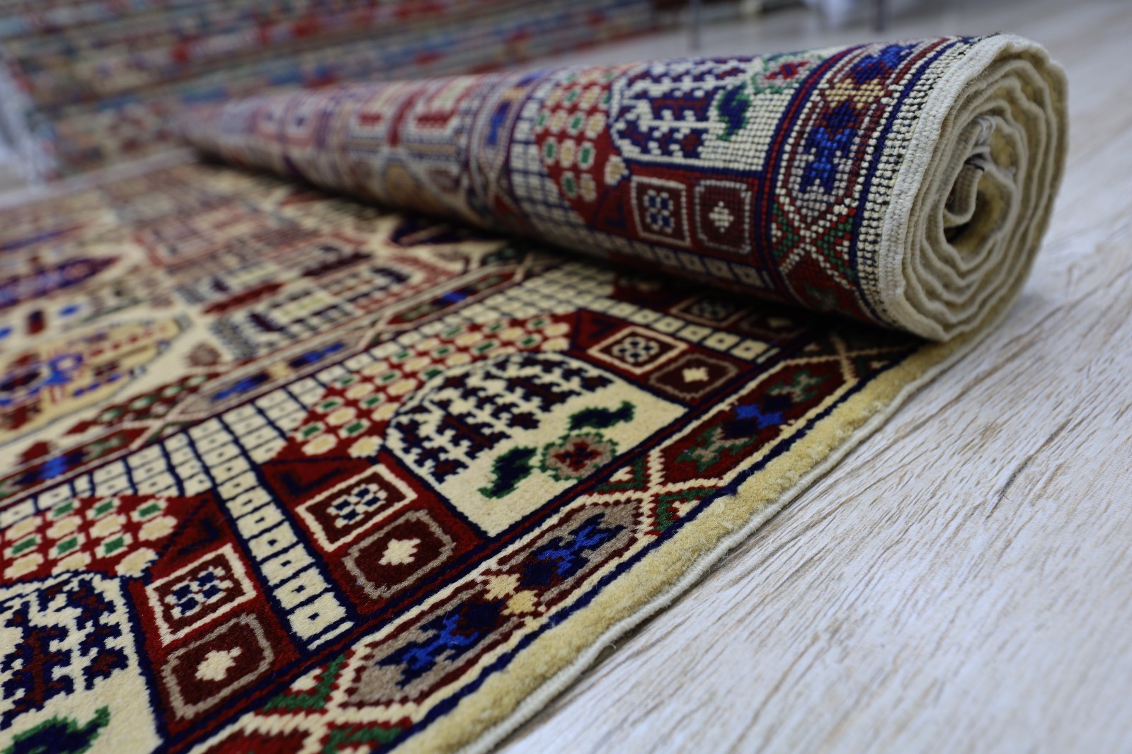 Hand-Knotted Gandomi Afghani Wool Rug – Cream Red Navy Design 6’8″ x 10′