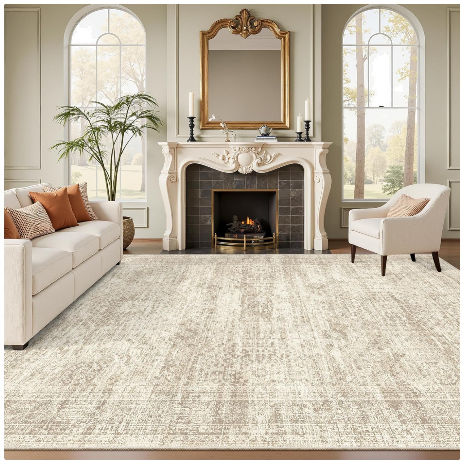 Beige 9×12 Low Pile Area Rug – Lightweight, Stain Resistant