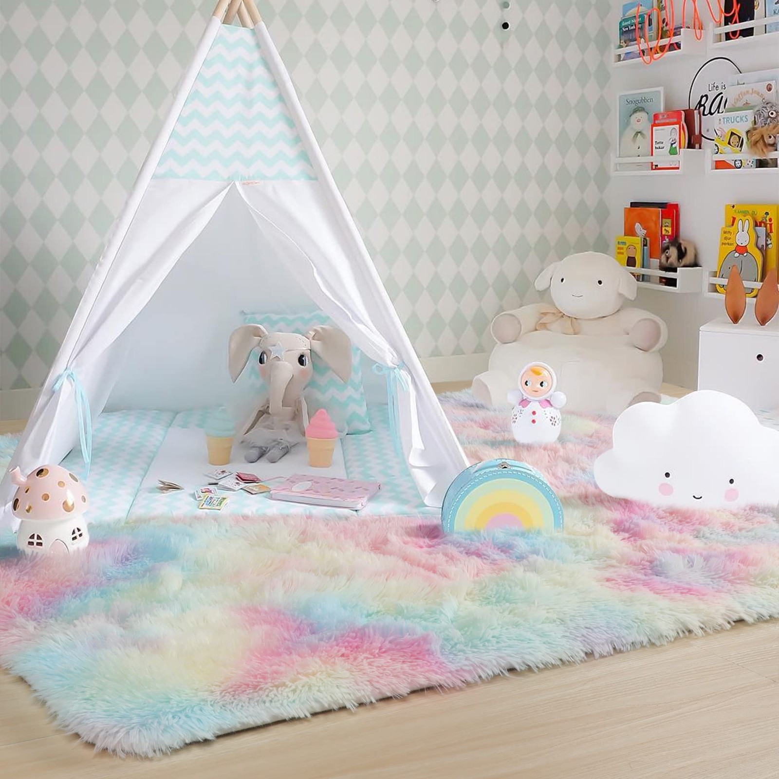 Pink Rainbow Fluffy Kids Rugs for Girls Bedroom, Unicorn Room Decor, Colorful