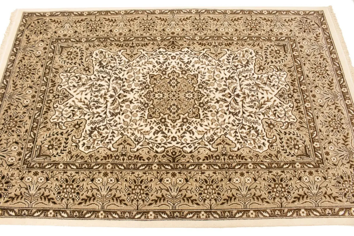 Vintage-Style Kirman Oriental Rug Cream & Brown Floral Handmade Carpet 4X6 ft