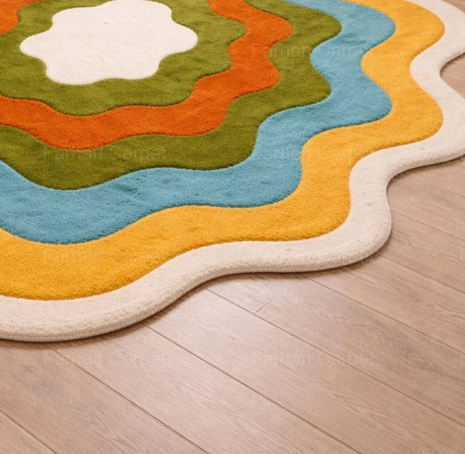 Colorful Abstract Tufted Wool Rug, Wavy Modern Area Rug, Handmade
