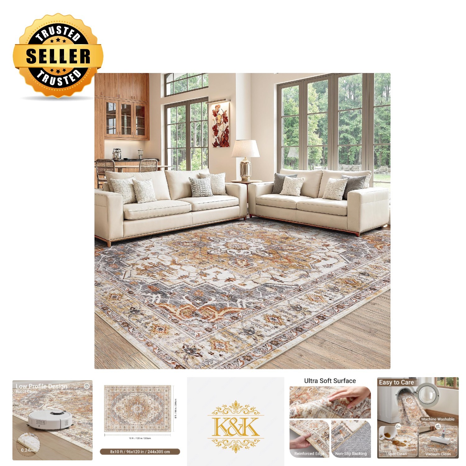 Elegant 8×10 Washable Area Rug – Stain Resistant, Non-Slip for Living Space