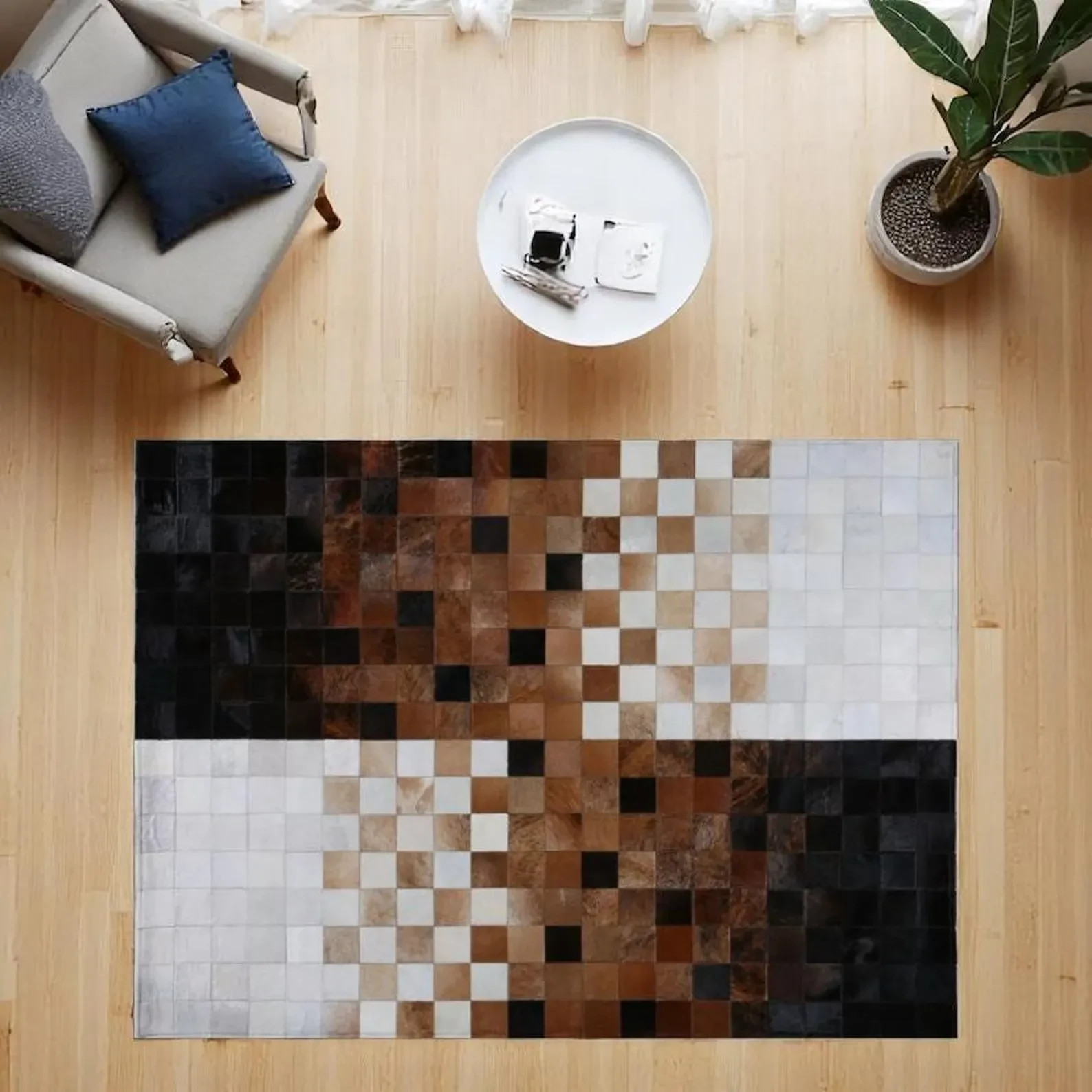 Luxury Cowhide Leather Patchwork Rug Handmade Modern Black Brown Cream Area Rug