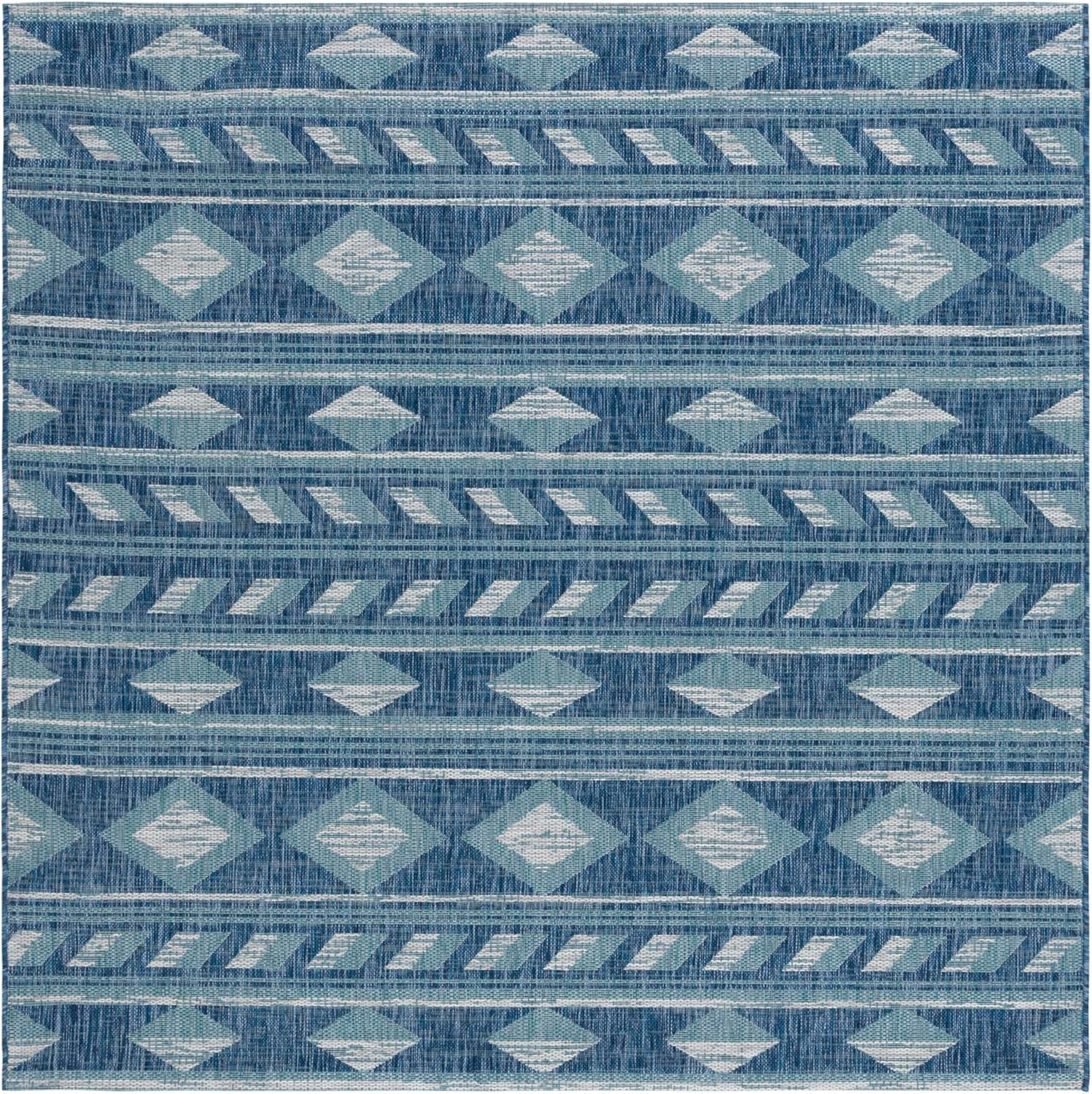 Washable Rug Outdoor Courtyard Collection – 5’3″ Square, Navy & Aqua Blue, Non-S