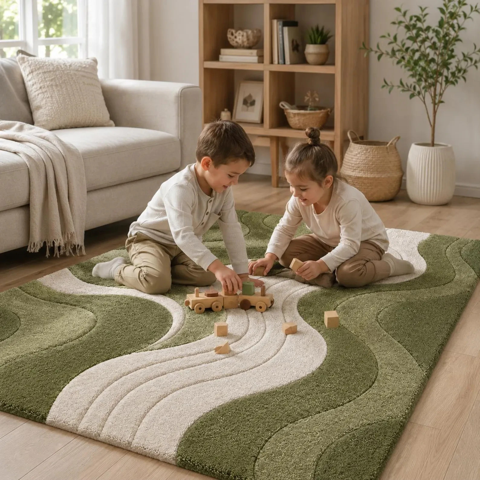 Hand-Tufted Wool Blend Wave Rug – Sage Green & white Abstract Living Room Decor