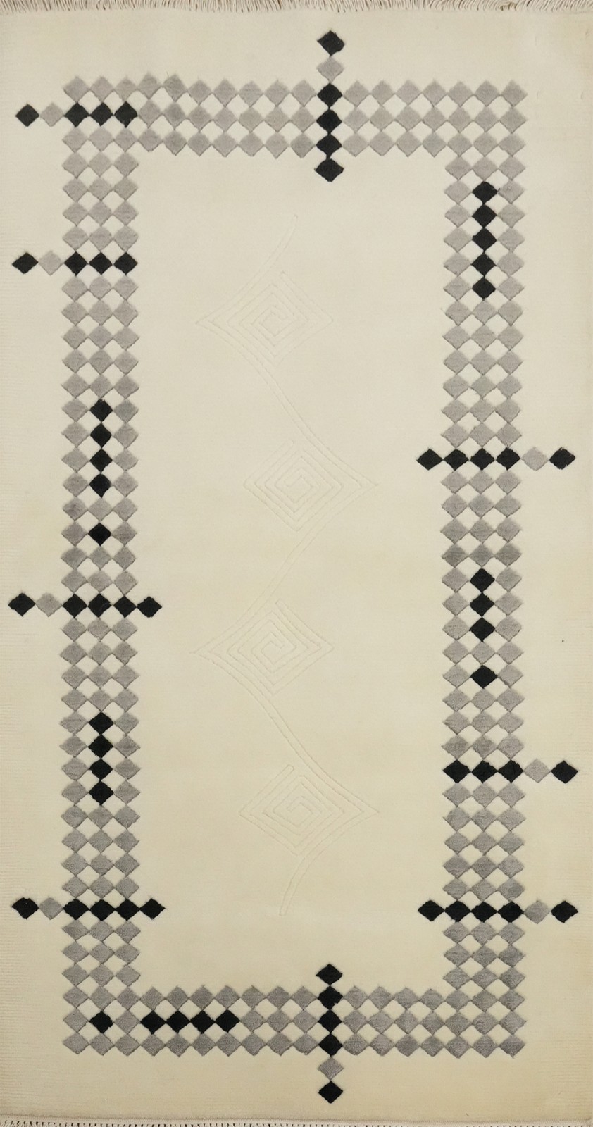 Modern Nepalese Ivory Rug 3×5 Hand-knotted Wool/ Silk Oriental Bordered Carpet