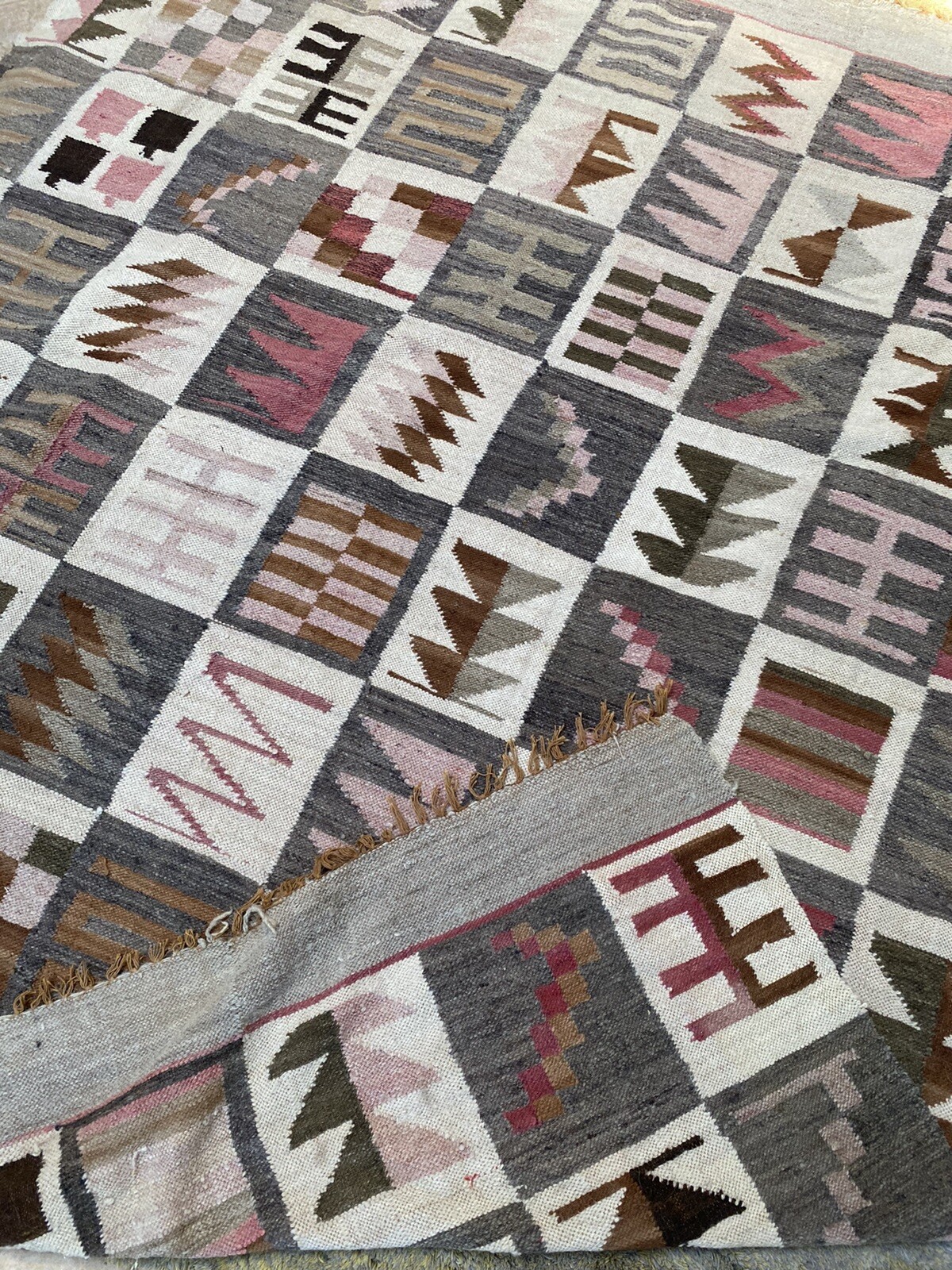 vintage natural dye wool flat weave geometric weave rug boho Style 80”x 63”
