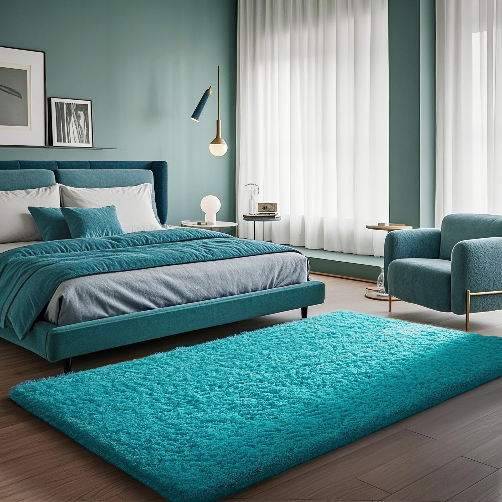 Teal Rugs for Bedroom Living Room, Fluffy Fuzzy Furry Carpet, Plush Soft Shaggy