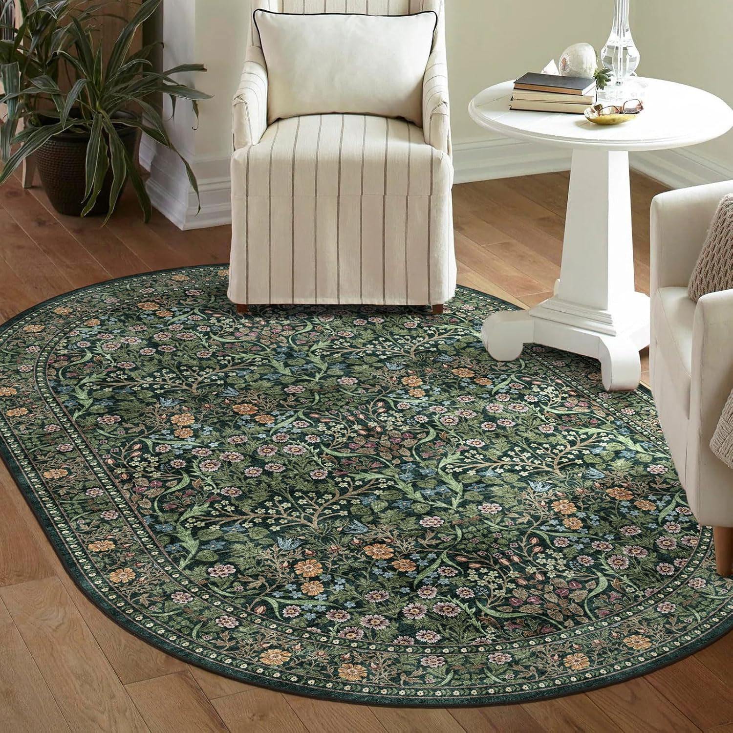 Dark Emerald Green Floral Oval Rug – Soft, Washable, Non-Slip Boho Style