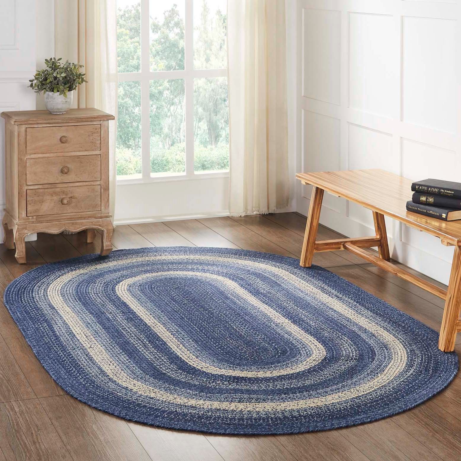 VHC Great Falls Blue Creme Eco-Friendly Jute Primitive Country Oval Braided Rug