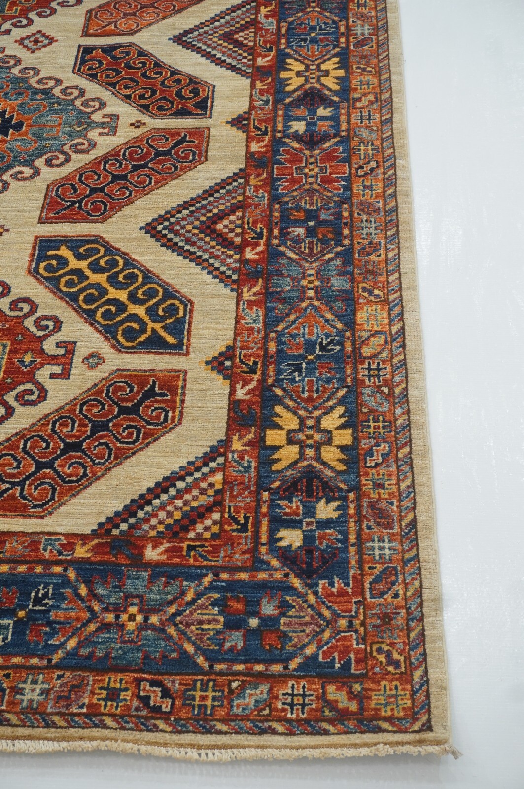 5×7 ft Beige Kazak Afghan Hand Knotted Wool Geometric Rug