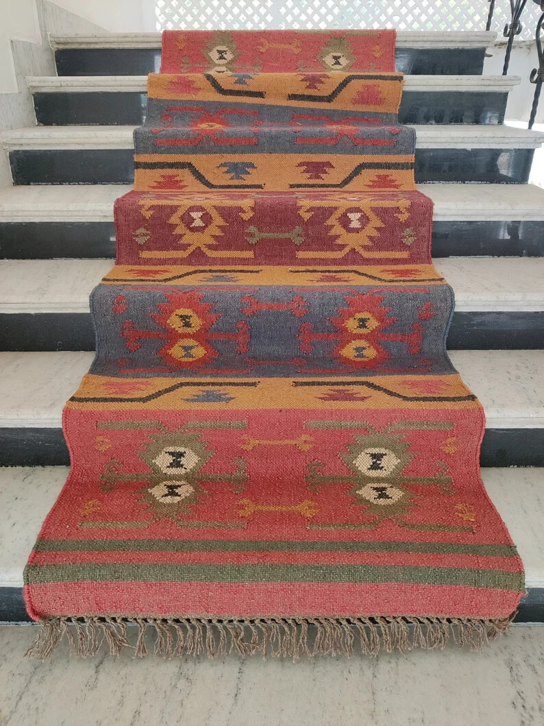 Rug Wool Jute Kilim Runner Carpet Nordic Navajo Handmade Hallway Accent Area Rug