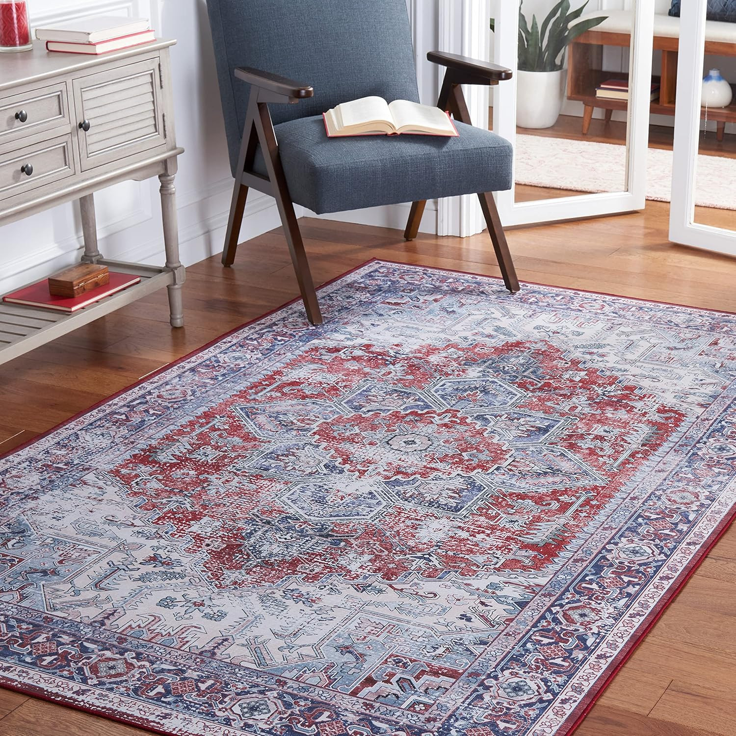 Washable Rug Tucson Collection – 3′ X 5′, Red & Navy, Slip Resistant & Easy to C