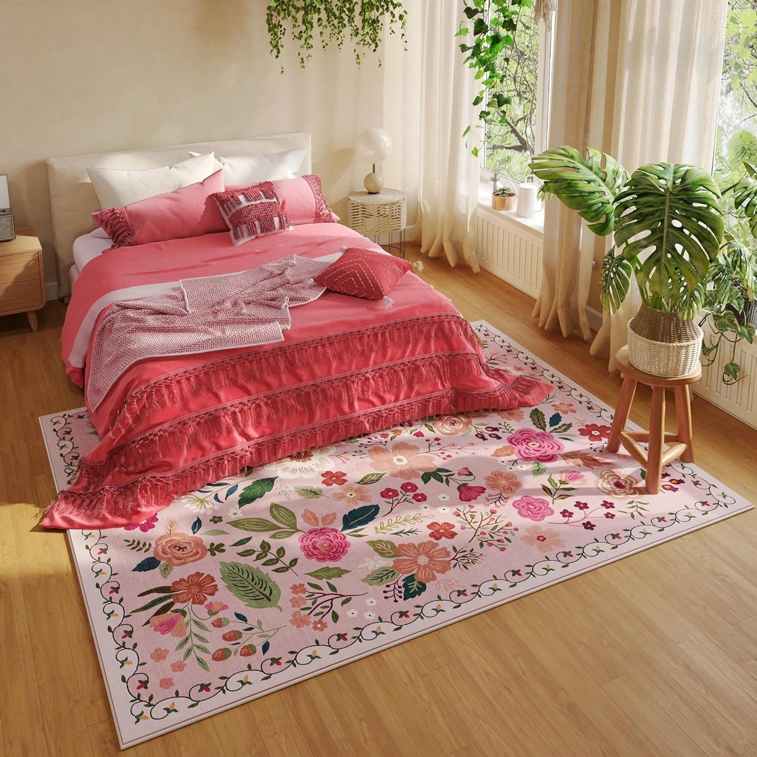 Washable Boho Floral Area Rug 8×10 – Non Slip, Vintage Style for Living Spaces