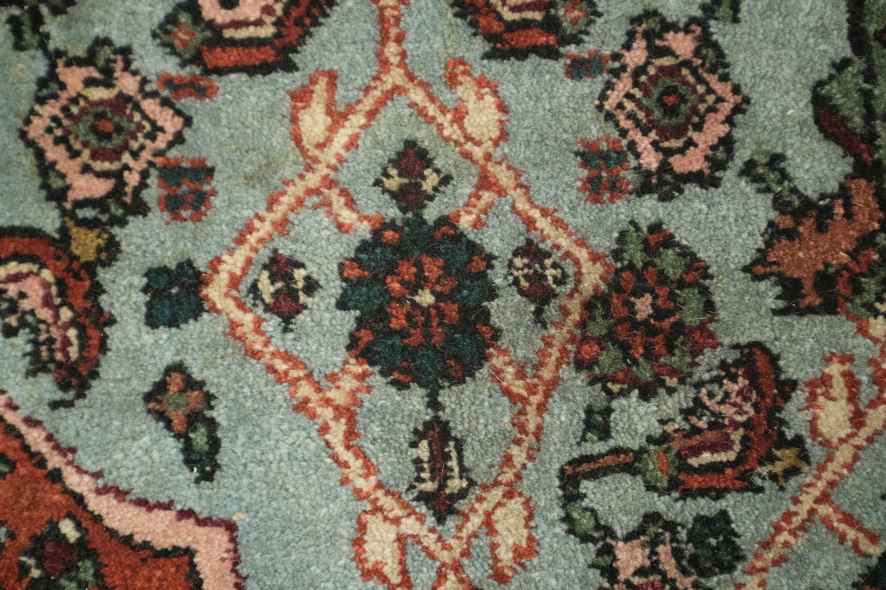 Blue Vintage 8×12 Wool Area Rug in Tribal Blues, Ivory & Gold Heritage Palette