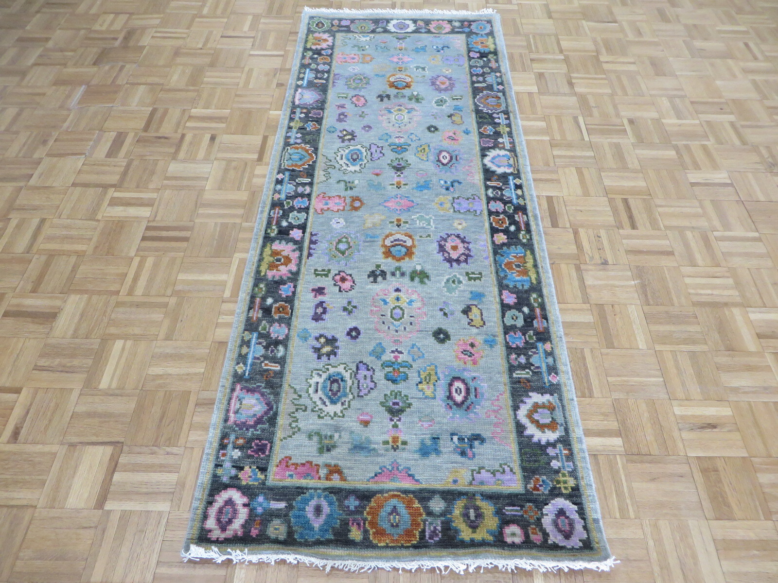 3 x 7’10 Runner Hand Knotted Gray Colorful Oushak Oriental Rug G13050