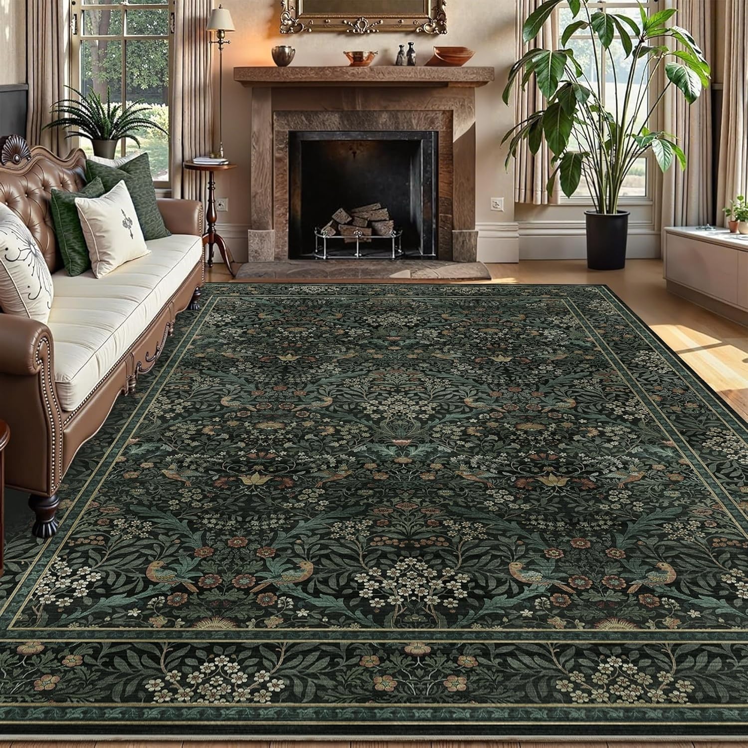 5×7 Dark Green Washable Floral Area Rug,Vintage Boho Soft Low-Pile Living Room
