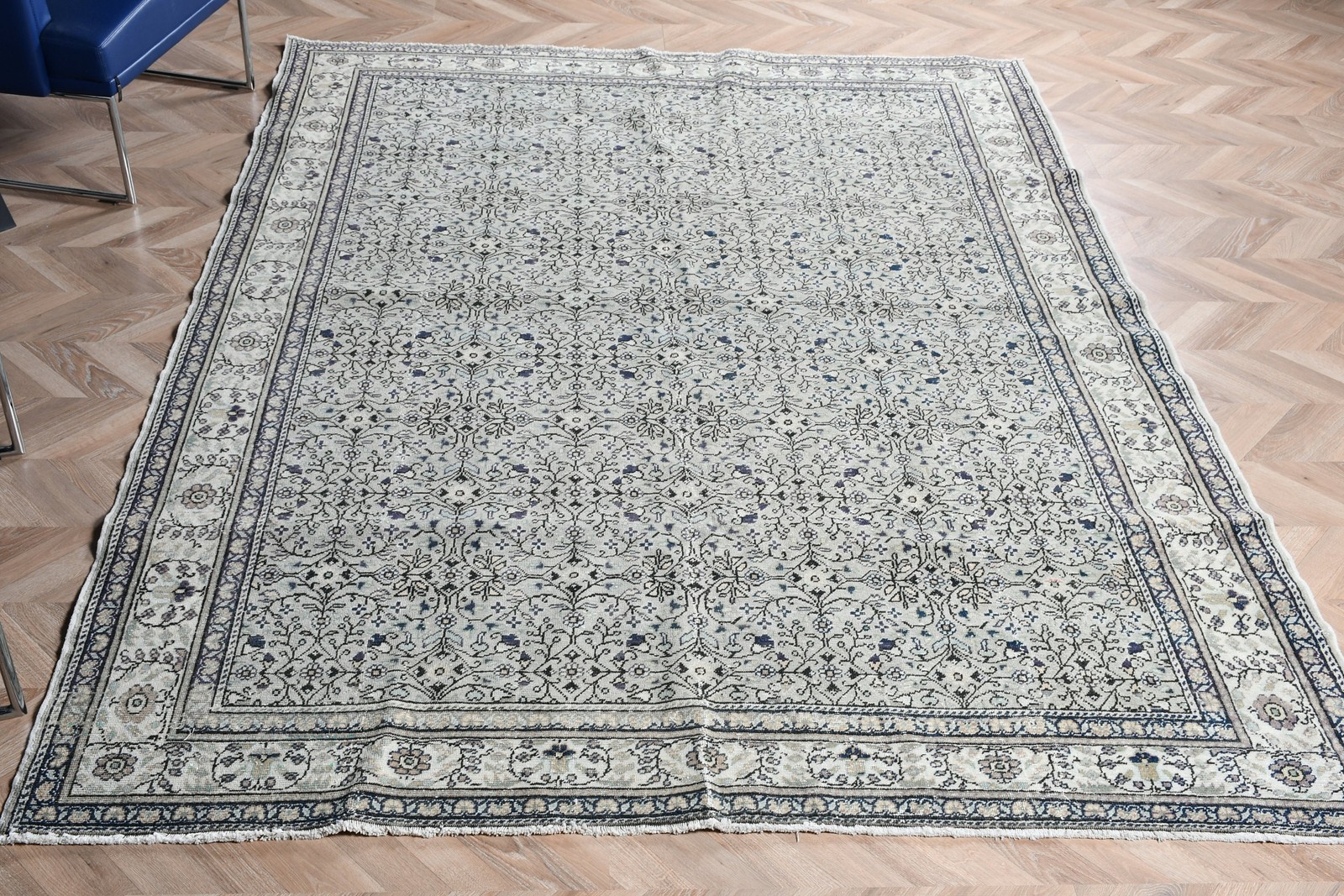 Vintage Turkish Rug, 6,46×8,9 ft Rug, Blue Gray Solid Rug