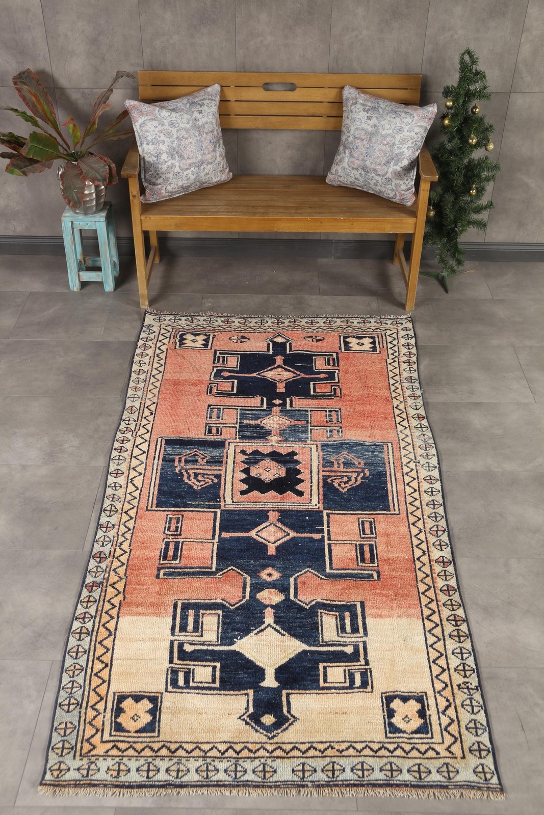 Vintage Turkish Area Rug 3,7×7,2 ft, Blue Wool Rug