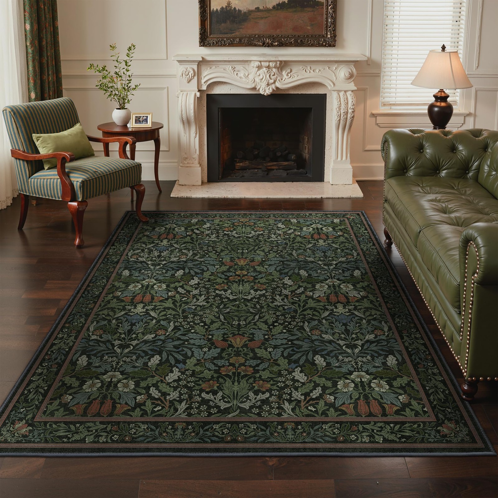 GENIMO Area Rugs 5×7 Washable, Dark Green Non Slip Vintage Boho Floral Carpet
