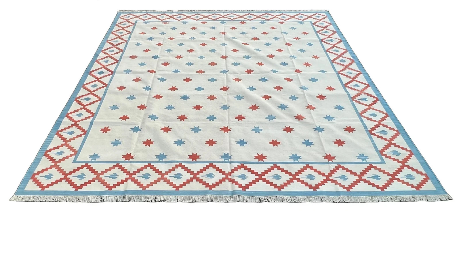 Blue and Red Star Handmade Cotton Area Flat Weave Rug. Natural Vegetable Dyed.