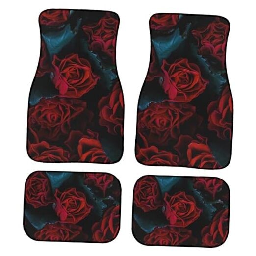 Rose Car Floor Mats Set of 4 Flower Design Vintage Rose Pattern Dark Tone Red