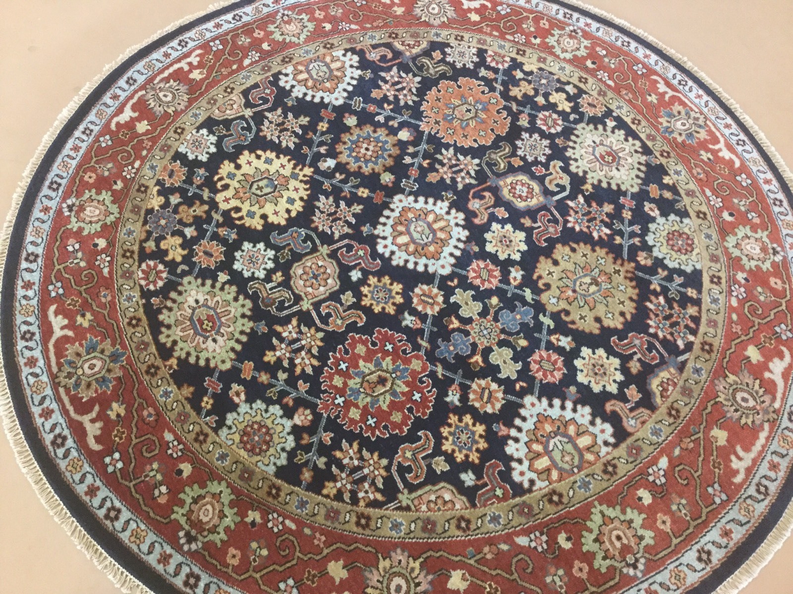 6′.0″ X 6′.0″ Round Blue Rust Fine Geometric Oriental Area Rug Hand Knotted Wool