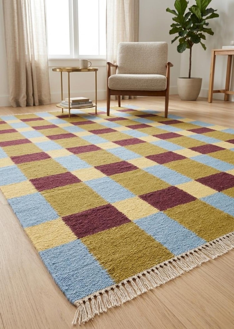Antique Scandinavian Swedish Kilim Tile Handmade Flat weave Boho Large Area Rug
