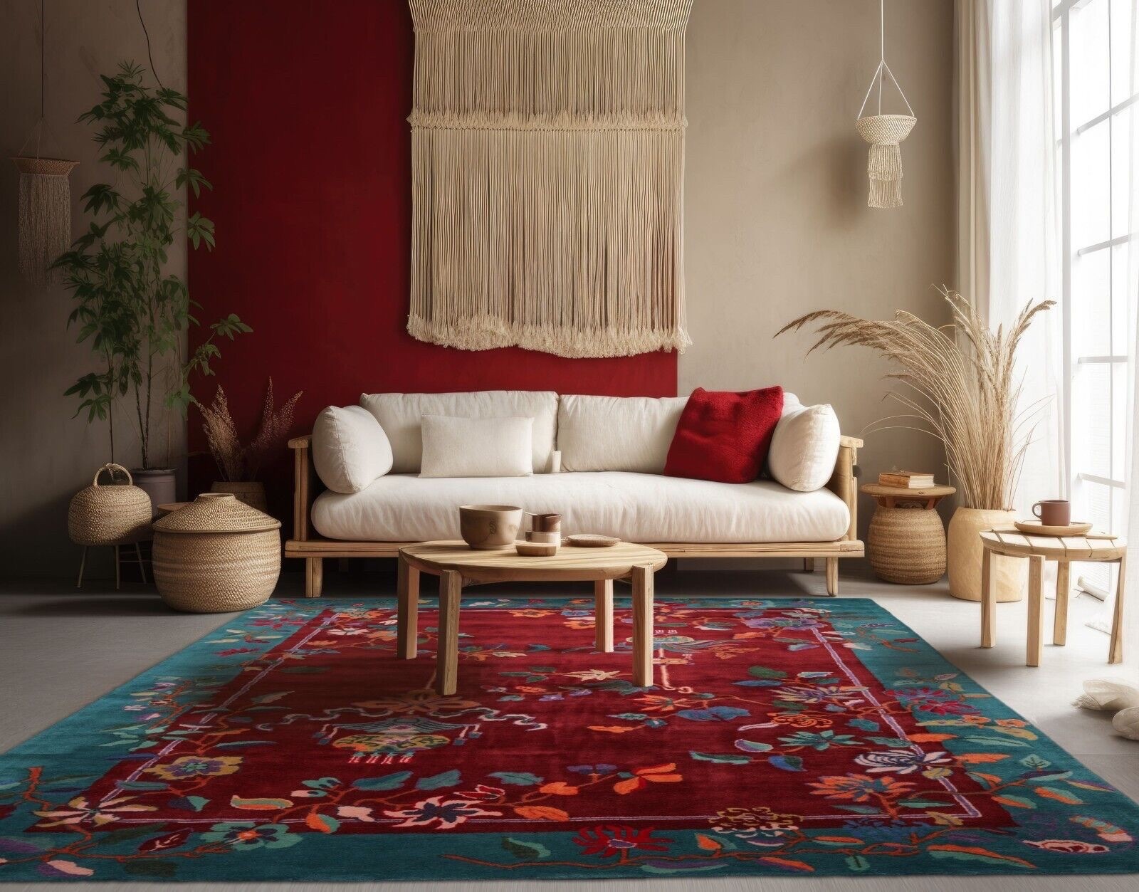Hand Tufted Red Floral Wool Area Rug Vintage Oriental Style Living Room Carpet