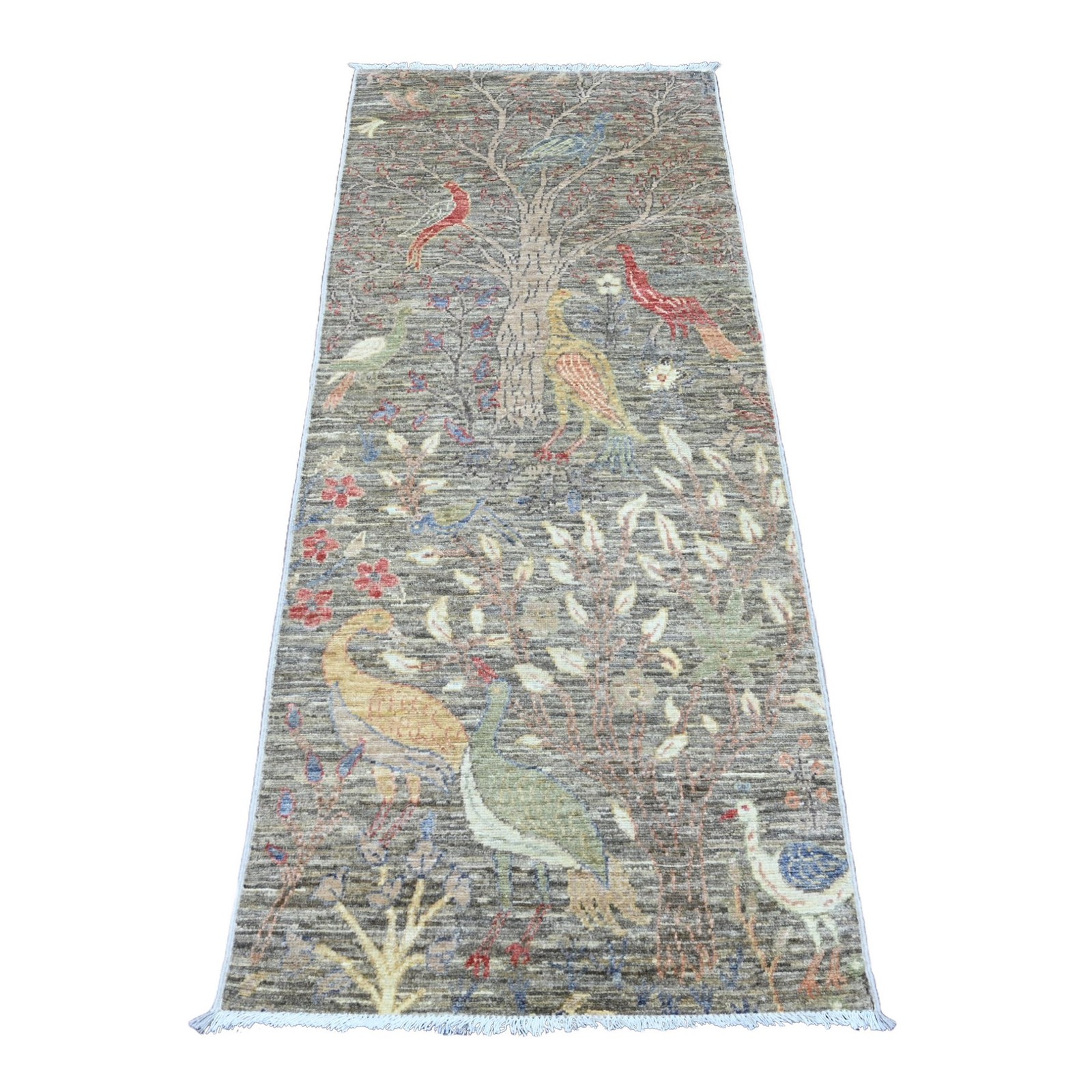 2’6″x6’2″ Gray Afghan Peshawar Birds Design Wool Hand Knotted Runner Rug R20108