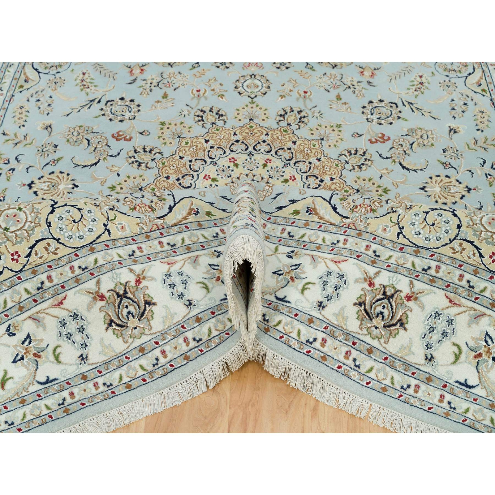 7’7″x9’9″ Celeste Blue Nain Design 250 KPSI Hand Knotted Square Rug R90319