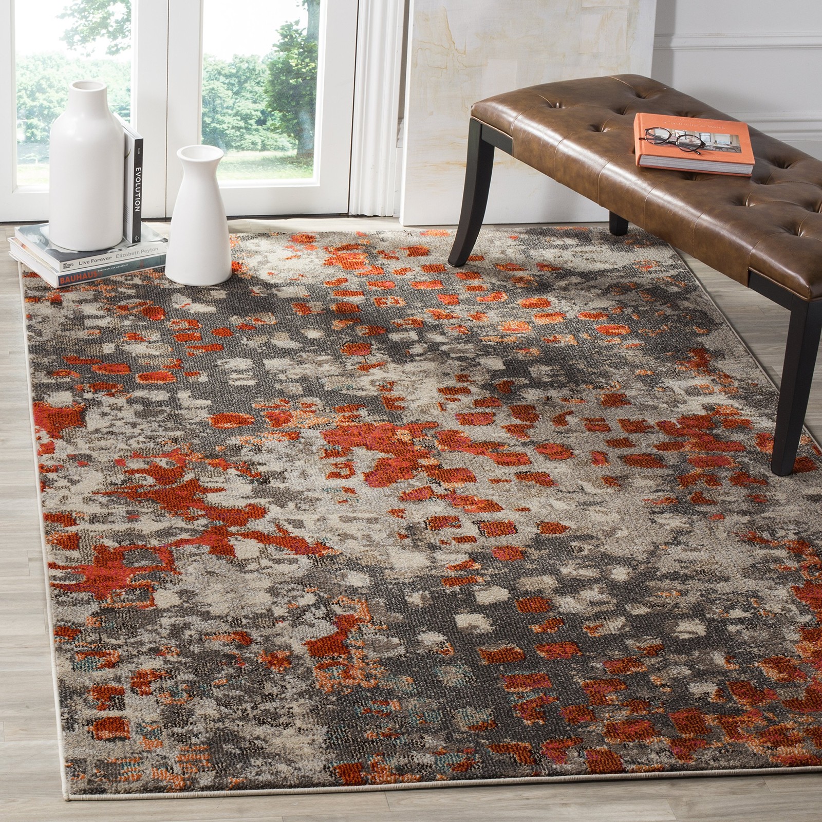 Monaco Collection Area Rug – 6’7″ x 9’2″, Grey & Orange, Boho Chic Abstract W…