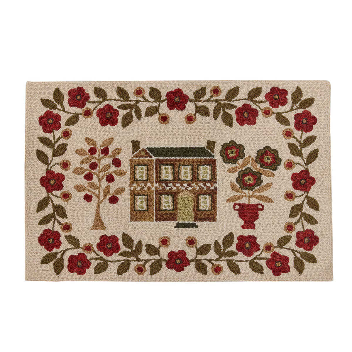 Floral House Hooked Rug Primitive Farmhouse Country
