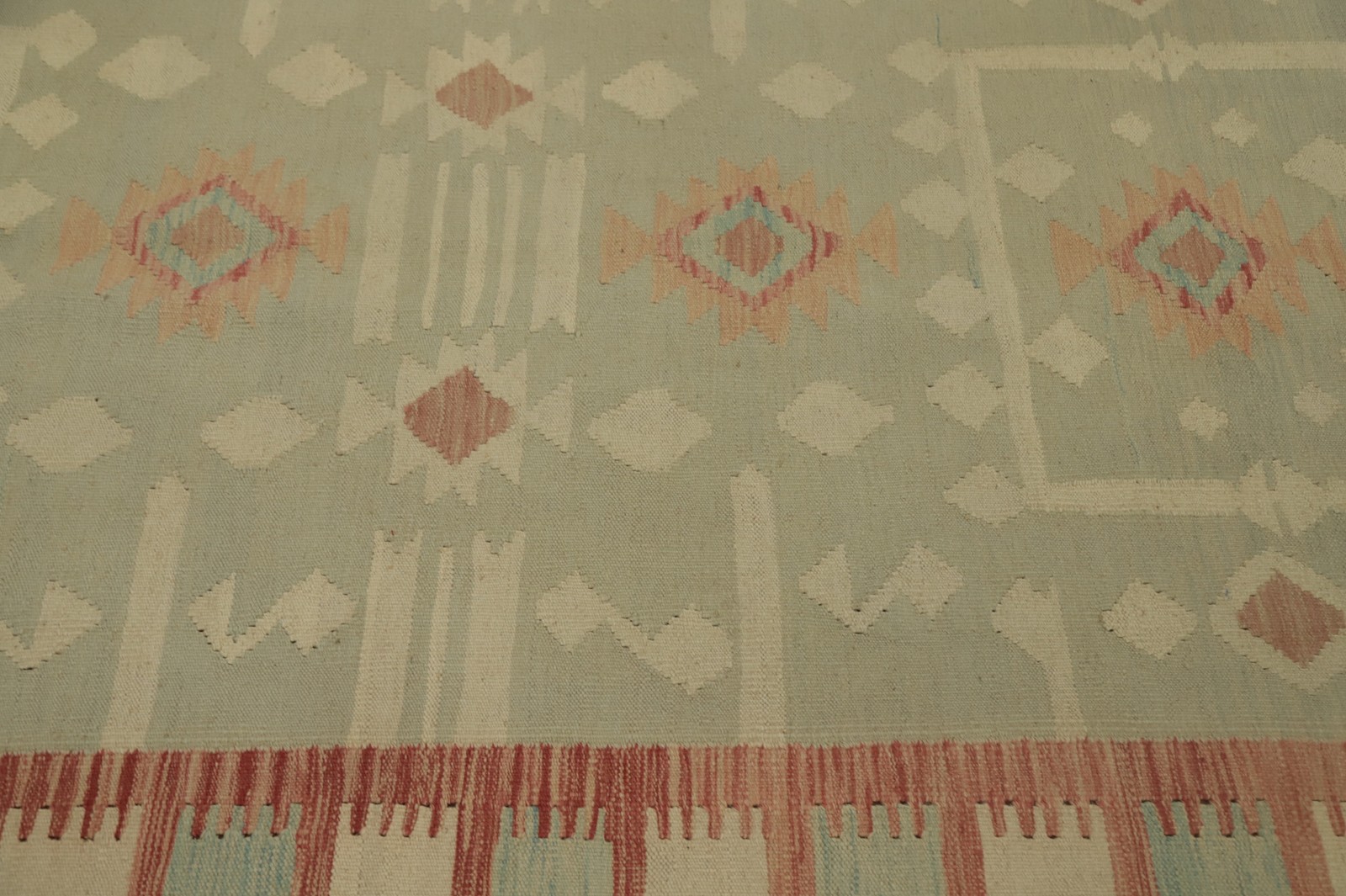 Green/ Rust Tribal Style Geometric Wool Kilim Flat Weave Area Rug 5×8 ft