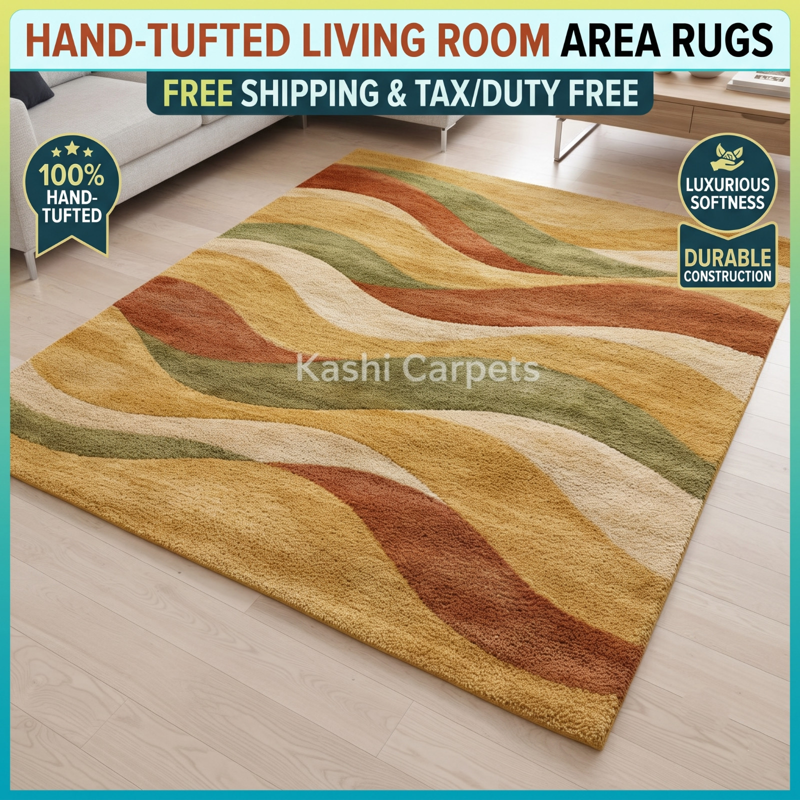 9×12 Hand Tufted Wool Area Rug Multicolor Wave Pattern Living Room Carpet