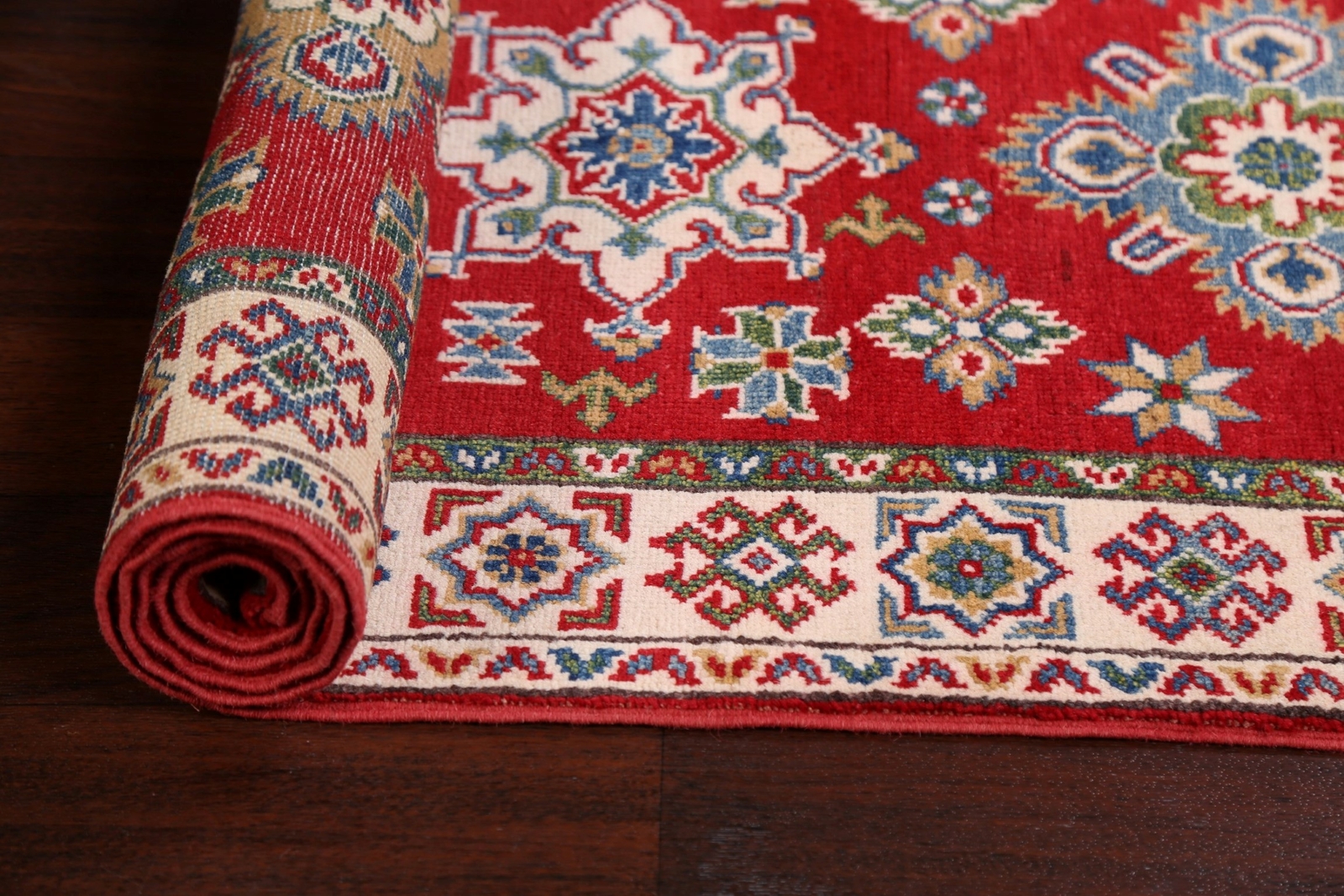 Geometric Red/Ivory Super Kazak 6 ft. Wool Runner Rug Hand-Knotted 6′ 4″ x 2′ 7″