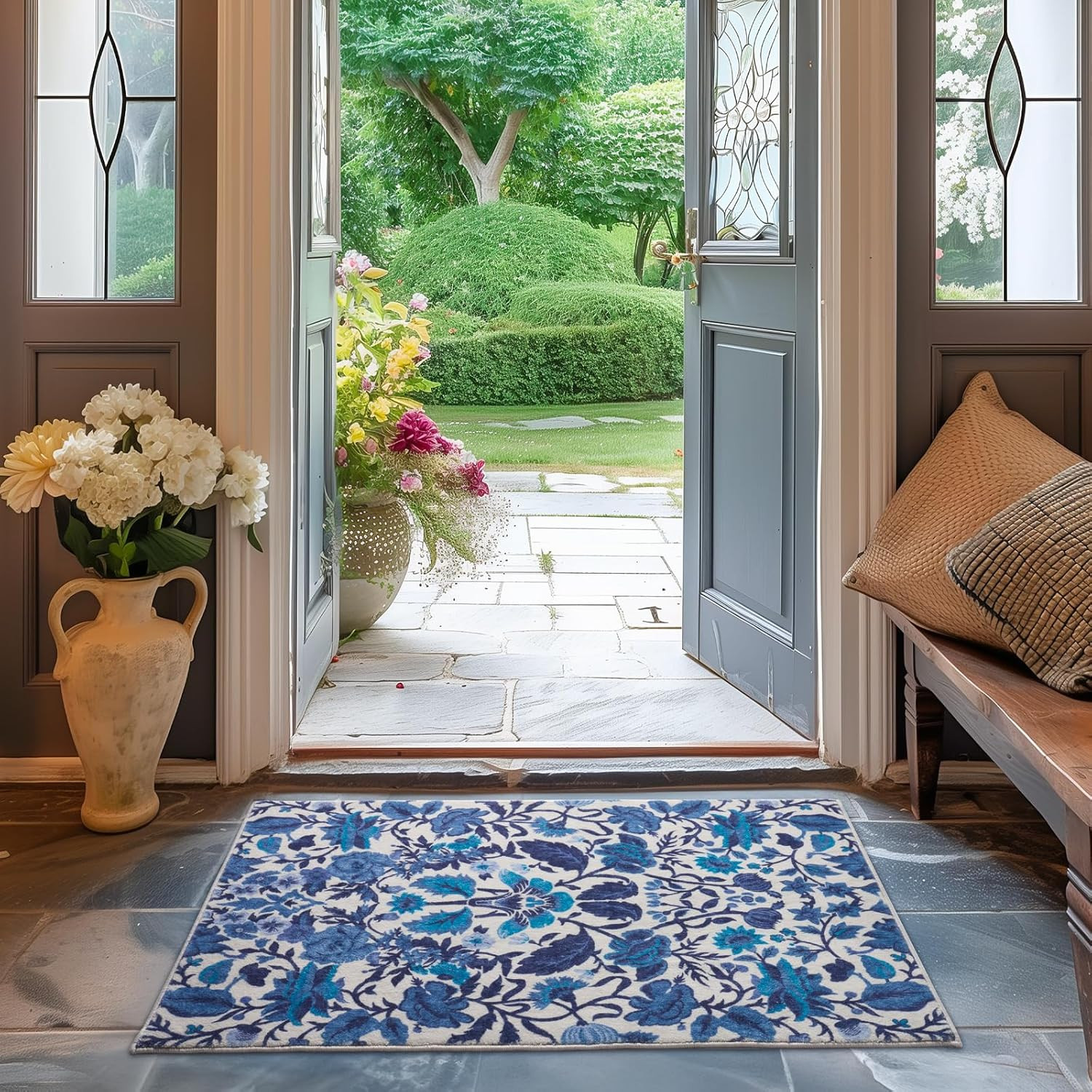 Area Rugs for Entryway 2X3, Boho Floral Faux Wool Indoor Outdoor Small Rugs, Was
