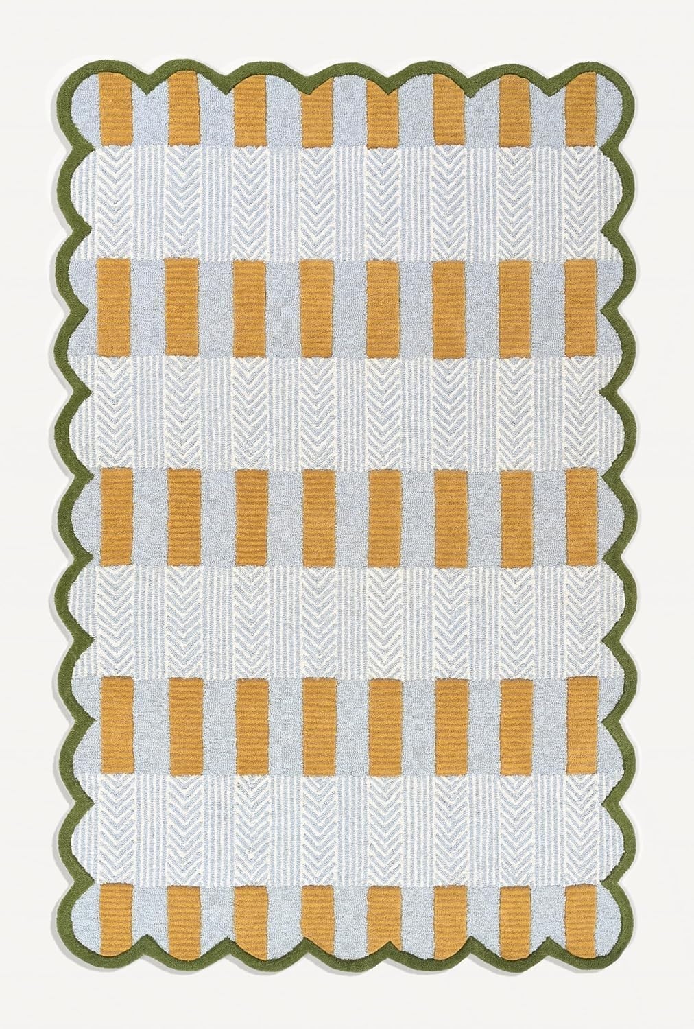 Modern Geometric Pattern, Green-Beige Stripes, Checkered Chevron Design L- blue