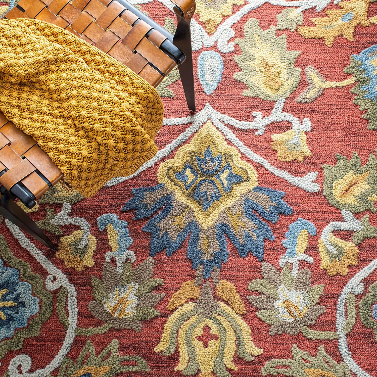 Handmade Blossom Collection 6′ Square Floral Wool Area Rug – Red & Multi