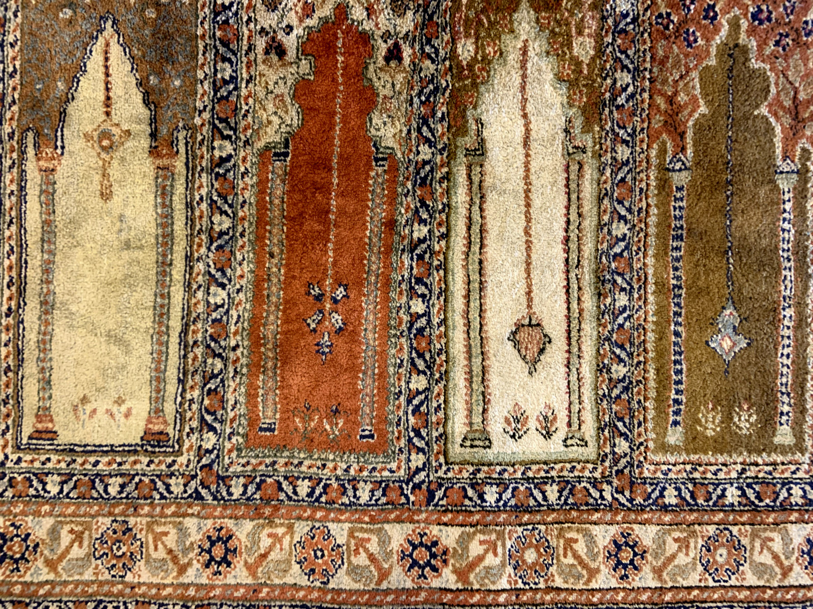 Vintage Silk Pryer Rug With Silk Pile Comes In 8 Mehrabs Made In Turkey.