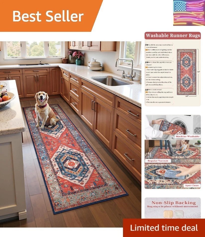 Boho Washable Runner Rug, 2×6 Rug Runner Non-Slip Vintage Rust Hallway Kitche…