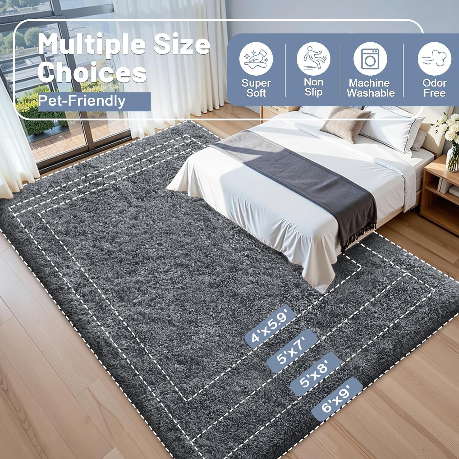 Area Rug for Living Room and Bedroom Soft Fluffy Washable Grey 4×6 ft