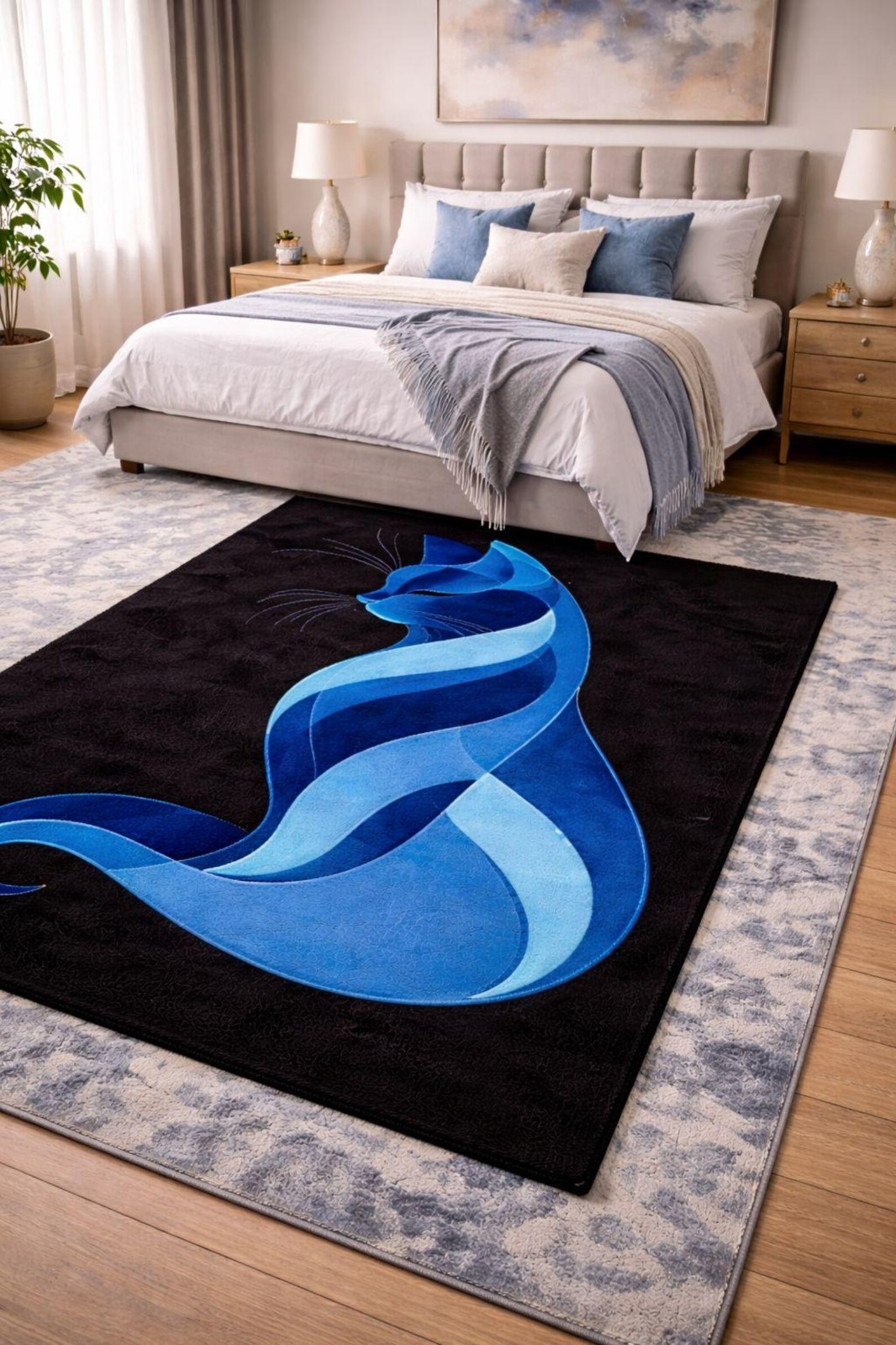 Hand-Tufted NZ Wool Rug Blue Cat Silhouette, Modern Art Decor Design Carpet Rug